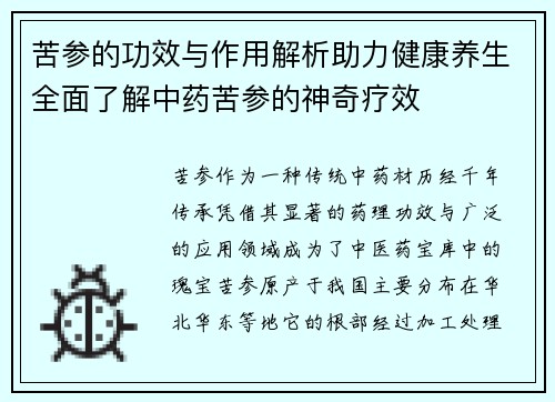 苦参的功效与作用解析助力健康养生全面了解中药苦参的神奇疗效