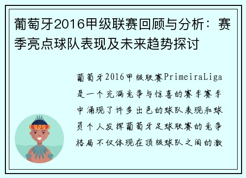 葡萄牙2016甲级联赛回顾与分析:赛季亮点球队表现及未来趋势探讨