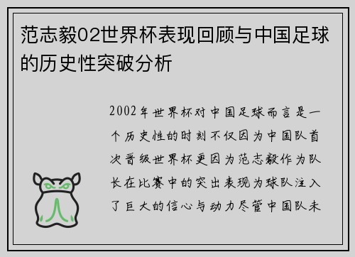 范志毅02世界杯表现回顾与中国足球的历史性突破分析